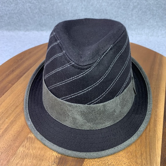 Fedora Hat Cotton Trilby Fitted Men L/XL Black Gray Pinstripe Faux Leather Band - Picture 6 of 13